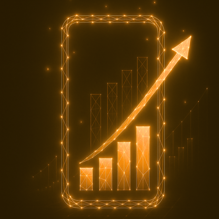Smartphone met grafiek Grafiek met een opwaartse trend op een smartphone met een gouden gloed.