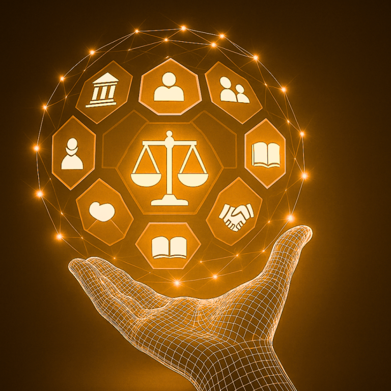 Wereldbol in hand met iconen van social media en recht Wereldbol in hand met iconen en symbolen van recht en social media aspecten op een glanzende achtergrond.