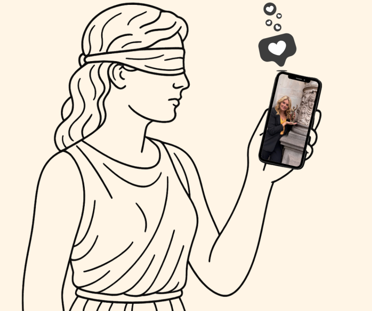 Vrouwe justitia met mobiel in de hand Vrouwe justitia houdt een smartphone vast en kijkt naar een foto met een hartje als like erboven.