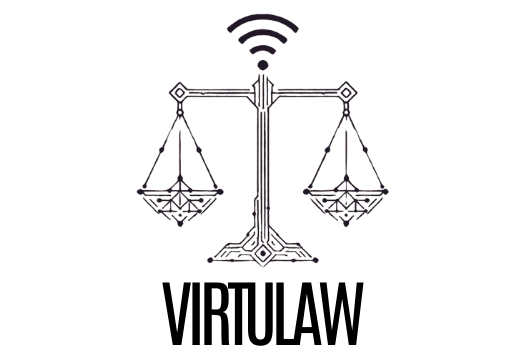 Logo van Virtulaw Logo van VirtuLaw met een weegschaal en een wifi-symbool erboven.