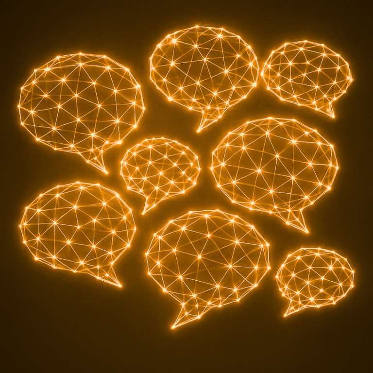 Chatballonnen Neonachtige spraakballonnen met verbonden lijnen op een donkere achtergrond.