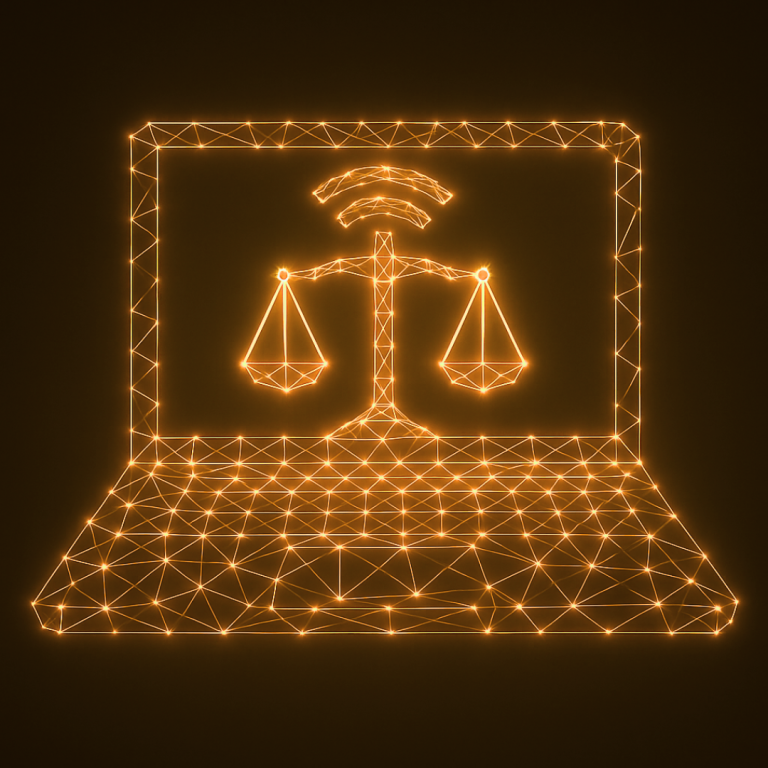 Laptop weegschaal en wifisymbool Een laptop met een weegschaal en een wifi-symbool in een netwerkstructuur van licht.